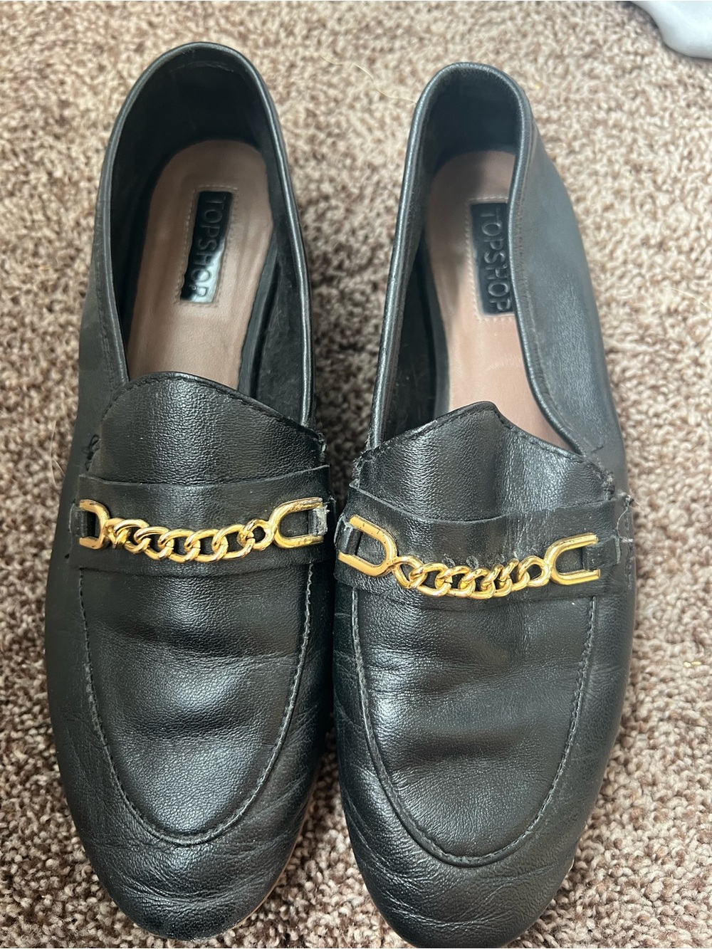 Topshop Black Leather Chain-Trim Loafers